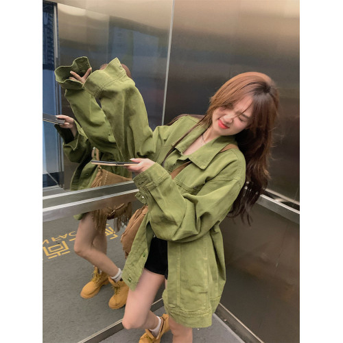 美式復古男友風polo領寬松綠色牛仔外套女春秋中長款夾克開衫上衣 美式復古男友風polo領寬松綠色牛仔外套女春秋中長款夾克開衫上衣