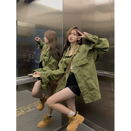 美式復古男友風polo領寬松綠色牛仔外套女春秋中長款夾克開衫上衣 美式復古男友風polo領寬松綠色牛仔外套女春秋中長款夾克開衫上衣