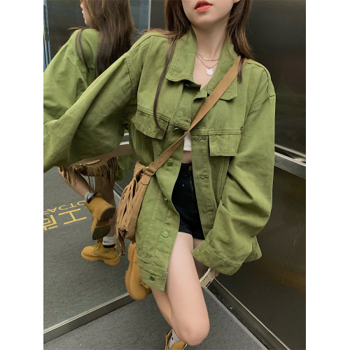 美式復古男友風polo領寬松綠色牛仔外套女春秋中長款夾克開衫上衣 美式復古男友風polo領寬松綠色牛仔外套女春秋中長款夾克開衫上衣