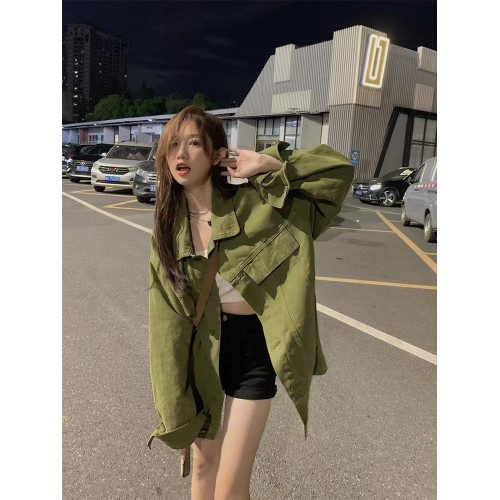 美式復古男友風polo領寬松綠色牛仔外套女春秋中長款夾克開衫上衣 美式復古男友風polo領寬松綠色牛仔外套女春秋中長款夾克開衫上衣