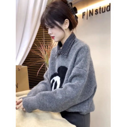 大米奇刺綉毛衣女2024秋冬新款高級感翻領牛仔拼接軟糯百搭針織衫