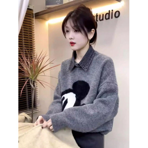 大米奇刺綉毛衣女2024秋冬新款高級感翻領牛仔拼接軟糯百搭針織衫