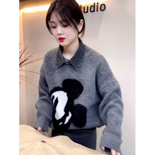 大米奇刺綉毛衣女2024秋冬新款高級感翻領牛仔拼接軟糯百搭針織衫