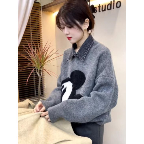 大米奇刺綉毛衣女2024秋冬新款高級感翻領牛仔拼接軟糯百搭針織衫