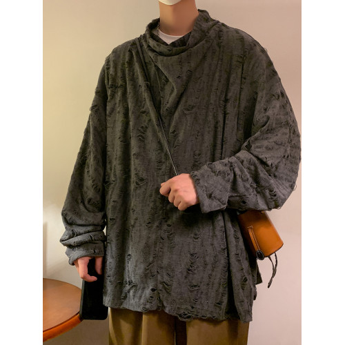 冰絲破洞t恤男長袖潮牌個性高堆領上衣秋季山本風暗黑系重磅體恤 冰絲破洞t恤男長袖潮牌個性高堆領上衣秋季山本風暗黑系重磅體恤