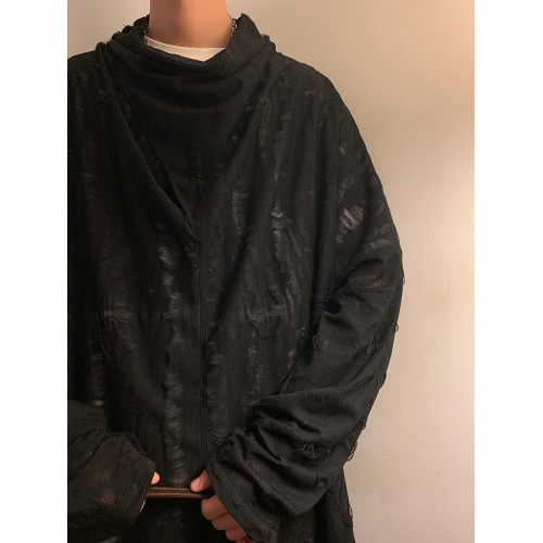 冰絲破洞t恤男長袖潮牌個性高堆領上衣秋季山本風暗黑系重磅體恤 冰絲破洞t恤男長袖潮牌個性高堆領上衣秋季山本風暗黑系重磅體恤