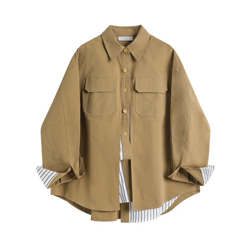 XinmonLee港風復古工裝襯衫外套女春秋假兩件設計感寬松顯瘦上衣