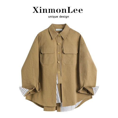XinmonLee港風復古工裝襯衫外套女春秋假兩件設計感寬松顯瘦上衣