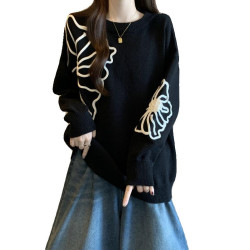 高級感黑色針織衫立體花朵毛衣女2025秋裝大碼胖mm中長款洋氣上衣