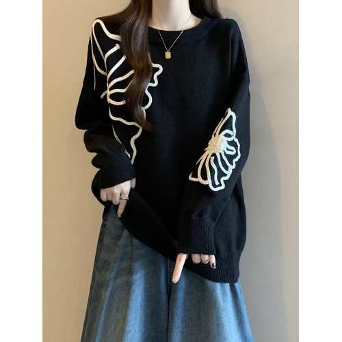 高級感黑色針織衫立體花朵毛衣女2025秋裝大碼胖mm中長款洋氣上衣