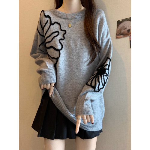 高級感黑色針織衫立體花朵毛衣女2025秋裝大碼胖mm中長款洋氣上衣