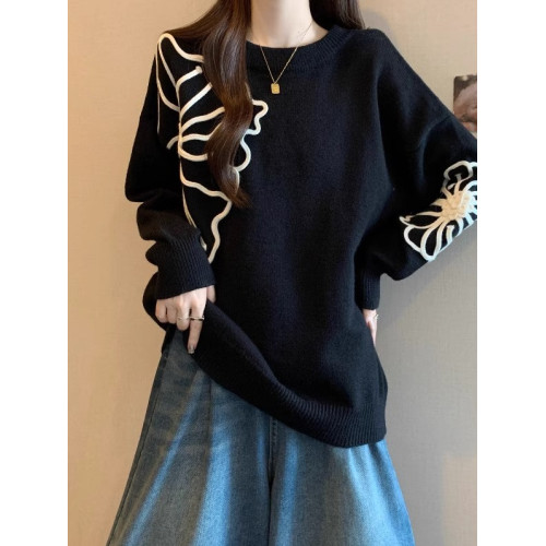 高級感黑色針織衫立體花朵毛衣女2025秋裝大碼胖mm中長款洋氣上衣