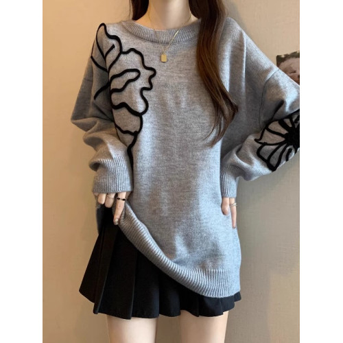 高級感黑色針織衫立體花朵毛衣女2025秋裝大碼胖mm中長款洋氣上衣