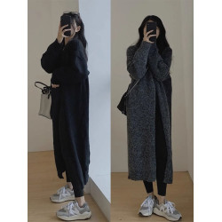 慵懶風寬松裙子開叉復古日系針織衫連衣裙套頭中長款毛衣女秋冬季