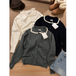 10%羊毛 韓代@lero*e 手工鉤花甜美花邊翻領軟糯針織毛衣開衫外套