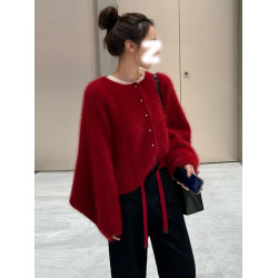 新年本命年紅色針織開衫毛衣女2025秋冬季高級感寬松外穿外套上衣