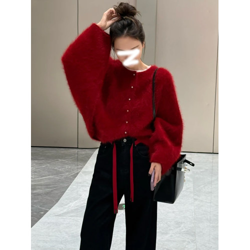 新年本命年紅色針織開衫毛衣女2025秋冬季高級感寬松外穿外套上衣 新年本命年紅色針織開衫毛衣女2025秋冬季高級感寬松外穿外套上衣