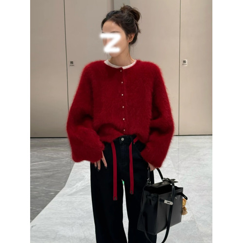 新年本命年紅色針織開衫毛衣女2025秋冬季高級感寬松外穿外套上衣 新年本命年紅色針織開衫毛衣女2025秋冬季高級感寬松外穿外套上衣
