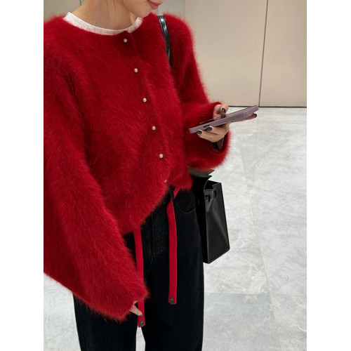 新年本命年紅色針織開衫毛衣女2025秋冬季高級感寬松外穿外套上衣 新年本命年紅色針織開衫毛衣女2025秋冬季高級感寬松外穿外套上衣