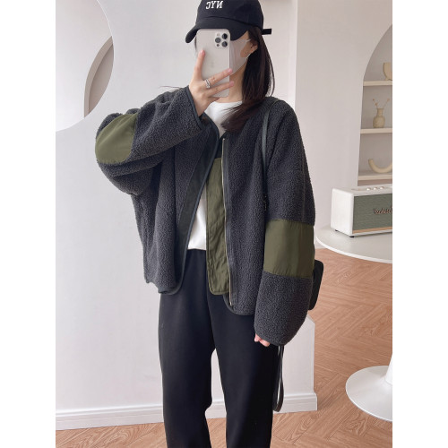 韓範慵懶補丁貼布設計感廓形羊羔毛寬松短款小個子保暖外套夾克冬