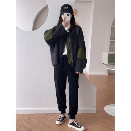 韓範慵懶補丁貼布設計感廓形羊羔毛寬松短款小個子保暖外套夾克冬