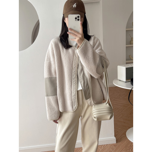 韓範慵懶補丁貼布設計感廓形羊羔毛寬松短款小個子保暖外套夾克冬