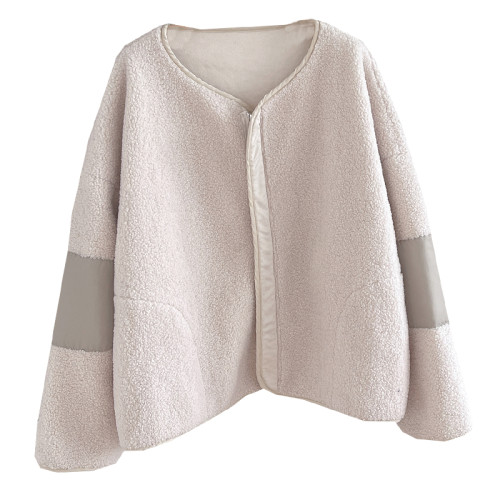 韓範慵懶補丁貼布設計感廓形羊羔毛寬松短款小個子保暖外套夾克冬