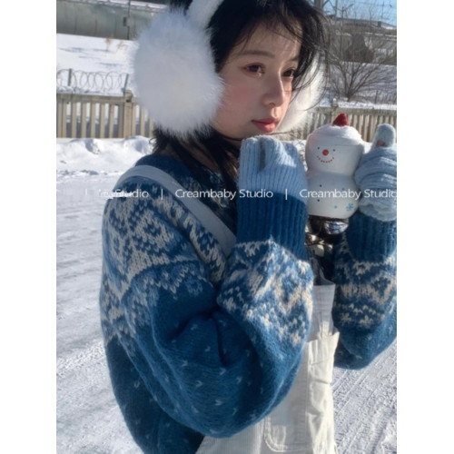 聖誕藍!復古冰島藍色慵懶風提花毛衣女顯白費爾島穿搭甜美針織衫 聖誕藍!復古冰島藍色慵懶風提花毛衣女顯白費爾島穿搭甜美針織衫