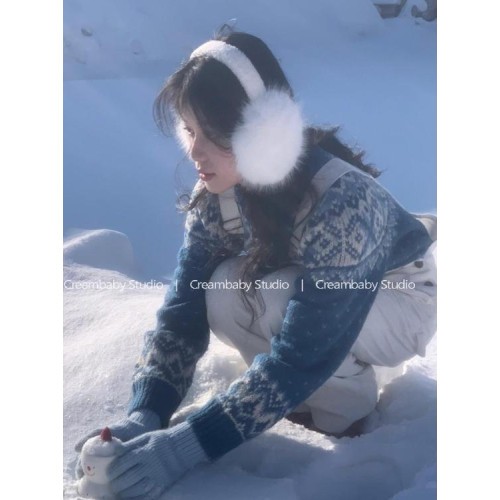 聖誕藍!復古冰島藍色慵懶風提花毛衣女顯白費爾島穿搭甜美針織衫 聖誕藍!復古冰島藍色慵懶風提花毛衣女顯白費爾島穿搭甜美針織衫