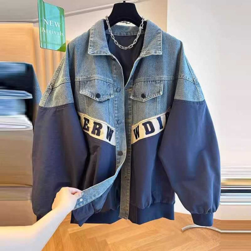 特大碼300斤歐貨寬松休閒拼接牛仔外套男裝春季時尚潮流百搭夾克 特大碼300斤歐貨寬松休閒拼接牛仔外套男裝春季時尚潮流百搭夾克