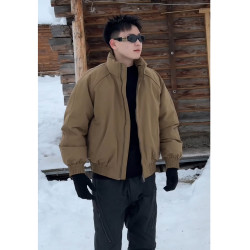 高級感痞帥卡其色短款飛行夾克羽絨服男冬季潮牌加厚保暖工裝外套