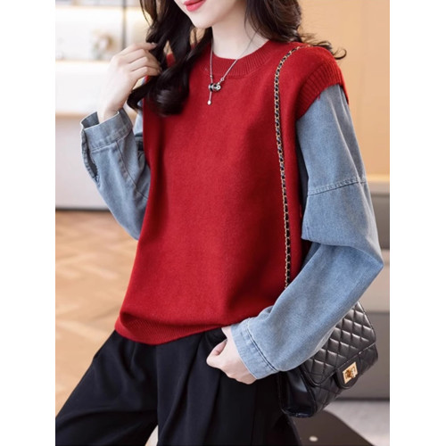 牛仔袖拼接假兩件毛衣女秋裝2024新款爆款寬松針織衫秋冬加厚上衣 牛仔袖拼接假兩件毛衣女秋裝2024新款爆款寬松針織衫秋冬加厚上衣