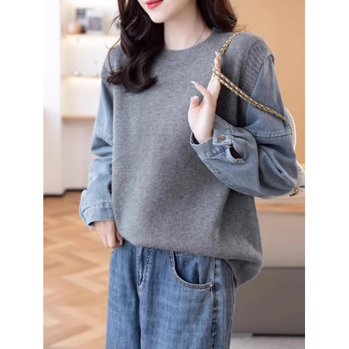 牛仔袖拼接假兩件毛衣女秋裝2024新款爆款寬松針織衫秋冬加厚上衣 牛仔袖拼接假兩件毛衣女秋裝2024新款爆款寬松針織衫秋冬加厚上衣
