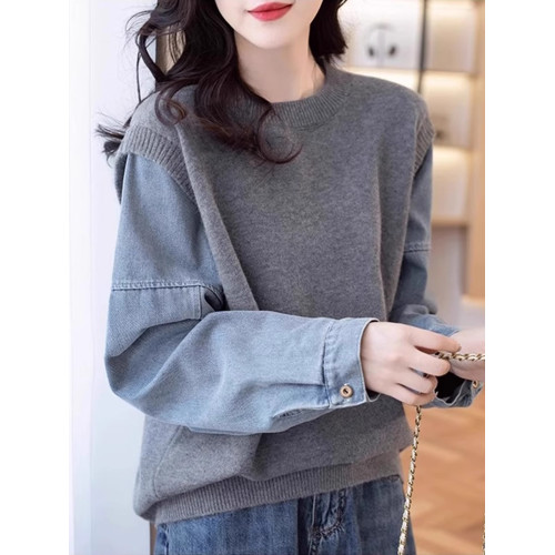 牛仔袖拼接假兩件毛衣女秋裝2024新款爆款寬松針織衫秋冬加厚上衣 牛仔袖拼接假兩件毛衣女秋裝2024新款爆款寬松針織衫秋冬加厚上衣