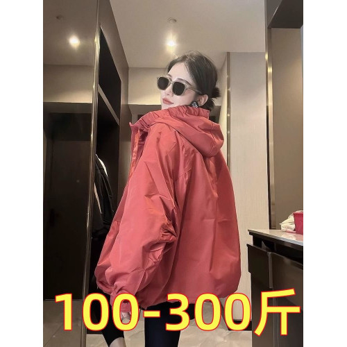 大碼胖mm300斤休閒沖鋒衣外套女春秋款寬松中長款抽繩連帽風衣潮2