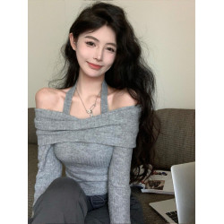 純欲掛脖一字肩針織毛衣女春裝喇叭袖堆領修身顯瘦露鎖骨長袖上衣