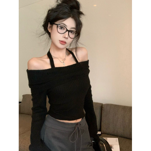 純欲掛脖一字肩針織毛衣女春裝喇叭袖堆領修身顯瘦露鎖骨長袖上衣 純欲掛脖一字肩針織毛衣女春裝喇叭袖堆領修身顯瘦露鎖骨長袖上衣