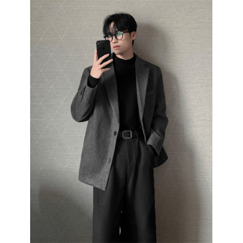 男韓版短款西裝毛呢寬松外套男加厚潮牌灰色呢料西服呢子外套墊肩 男韓版短款西裝毛呢寬松外套男加厚潮牌灰色呢料西服呢子外套墊肩