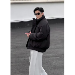 黑色飛行夾克羽絨棉服男冬季短款立領外套oversize美式加棉棒球服