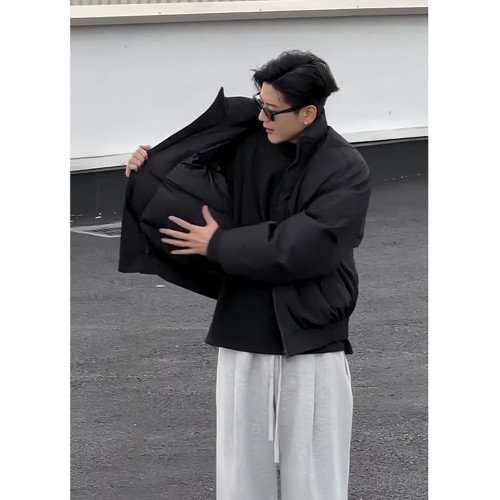 黑色飛行夾克羽絨棉服男冬季短款立領外套oversize美式加棉棒球服 黑色飛行夾克羽絨棉服男冬季短款立領外套oversize美式加棉棒球服