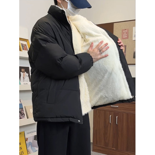 黑色美式羽絨棉服男款冬季加厚立領棉服內裡加絨羊羔毛外套麵包服 黑色美式羽絨棉服男款冬季加厚立領棉服內裡加絨羊羔毛外套麵包服