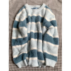 日系學院風撞色條紋馬海毛毛衣女溫柔風小衆軟糯系減齡針織衫上衣