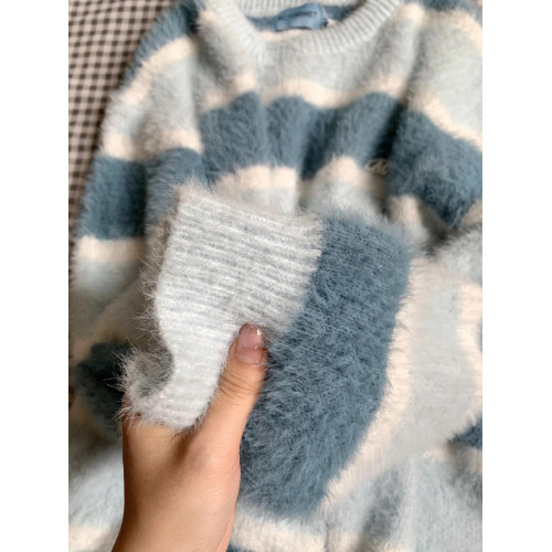 日系學院風撞色條紋馬海毛毛衣女溫柔風小衆軟糯系減齡針織衫上衣 日系學院風撞色條紋馬海毛毛衣女溫柔風小衆軟糯系減齡針織衫上衣