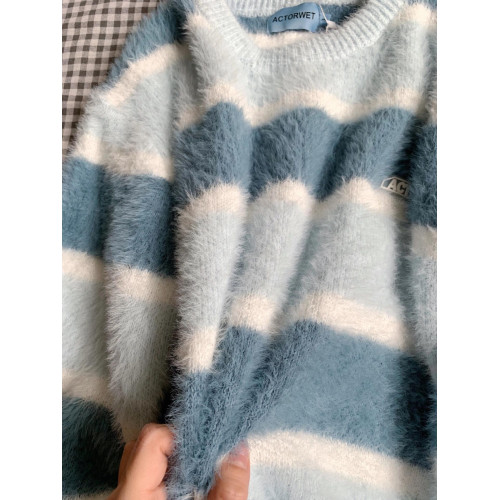 日系學院風撞色條紋馬海毛毛衣女溫柔風小衆軟糯系減齡針織衫上衣 日系學院風撞色條紋馬海毛毛衣女溫柔風小衆軟糯系減齡針織衫上衣