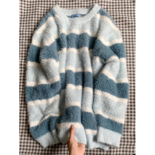 日系學院風撞色條紋馬海毛毛衣女溫柔風小衆軟糯系減齡針織衫上衣 日系學院風撞色條紋馬海毛毛衣女溫柔風小衆軟糯系減齡針織衫上衣