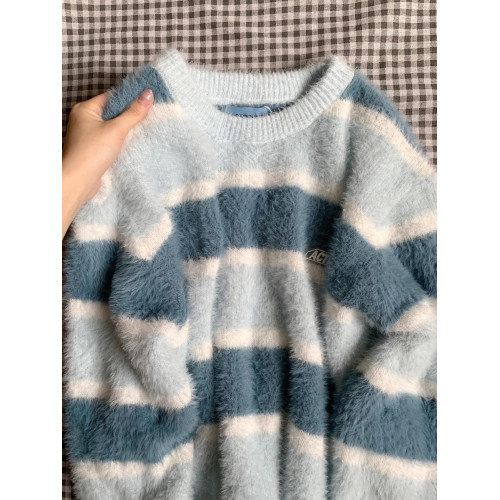 日系學院風撞色條紋馬海毛毛衣女溫柔風小衆軟糯系減齡針織衫上衣 日系學院風撞色條紋馬海毛毛衣女溫柔風小衆軟糯系減齡針織衫上衣