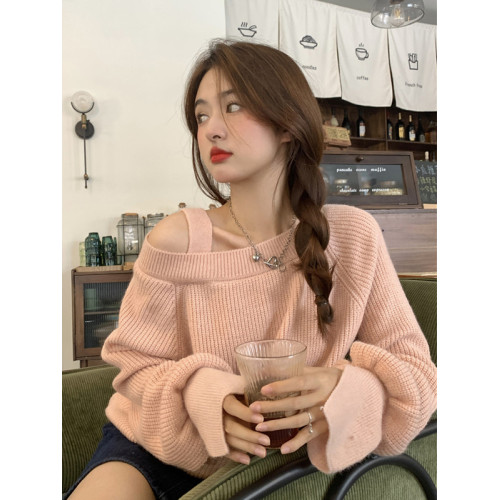 小心機露肩軟糯針織衫毛衣女早秋季設計感小衆法式溫柔風寬松上衣 小心機露肩軟糯針織衫毛衣女早秋季設計感小衆法式溫柔風寬松上衣