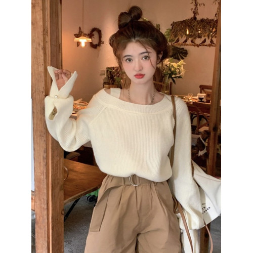 小心機露肩軟糯針織衫毛衣女早秋季設計感小衆法式溫柔風寬松上衣 小心機露肩軟糯針織衫毛衣女早秋季設計感小衆法式溫柔風寬松上衣