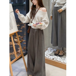 韓系慵懶風斜肩長袖針織衫女早秋季新款氣質復古百搭露肩短款上衣