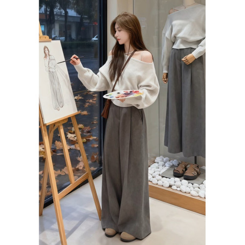 韓系慵懶風斜肩長袖針織衫女早秋季新款氣質復古百搭露肩短款上衣 韓系慵懶風斜肩長袖針織衫女早秋季新款氣質復古百搭露肩短款上衣